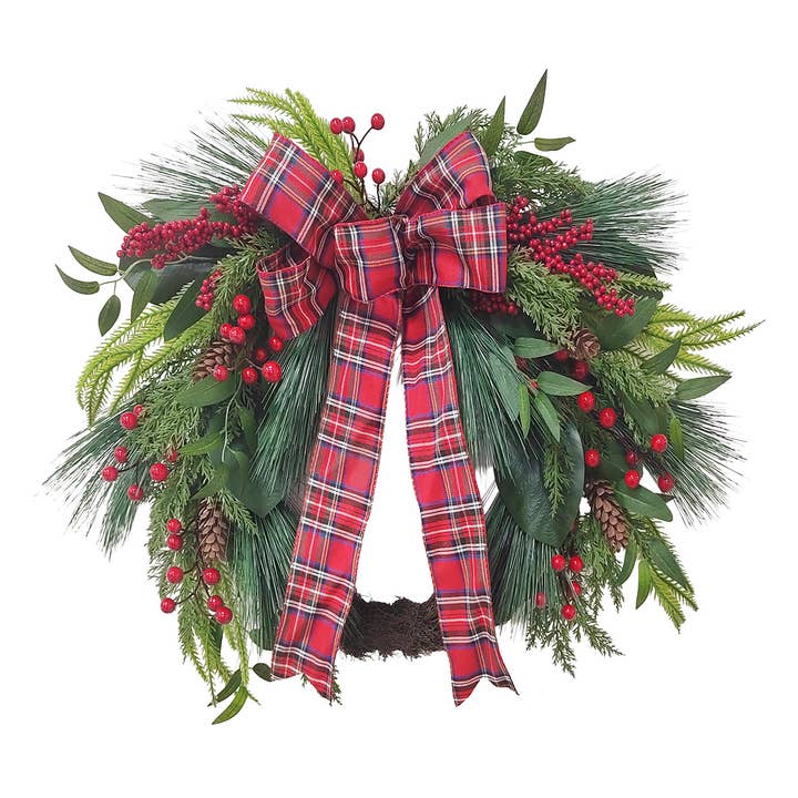 Holly Berry & Bow Christmas Wreath — 24 inch