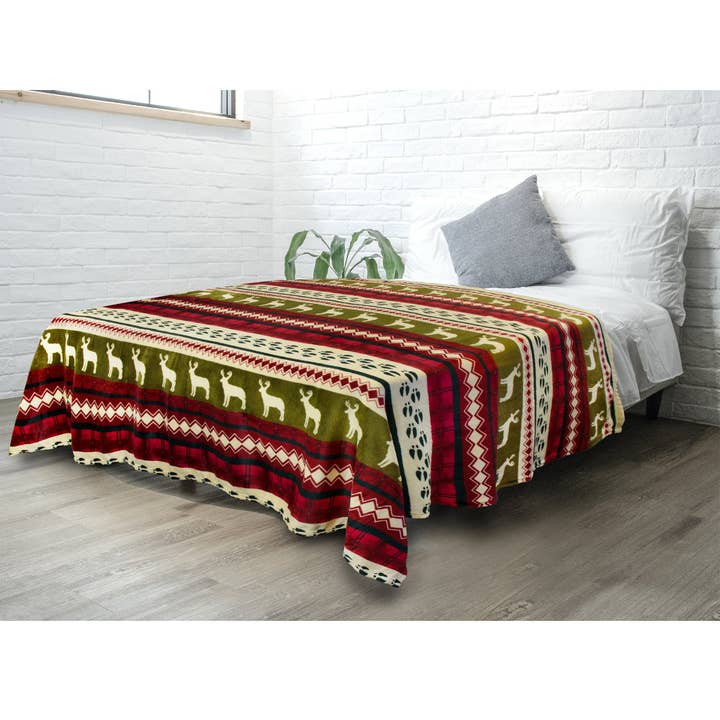 Christmas Throw Blanket — Lodge Reindeer Design, Red & Olive