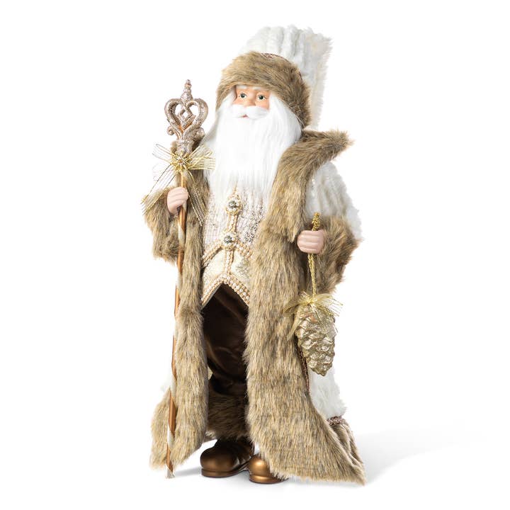 Woodland Santa Figure — 18 in, Faux Fur Coat & Staff