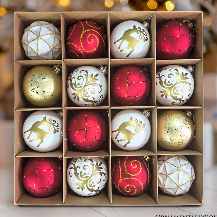 Christmas Ball Ornaments — Set of 16, Red, White & Gold