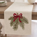 Christmas Table Runner — Pine Branch & Red Bow, Natural Linen Look