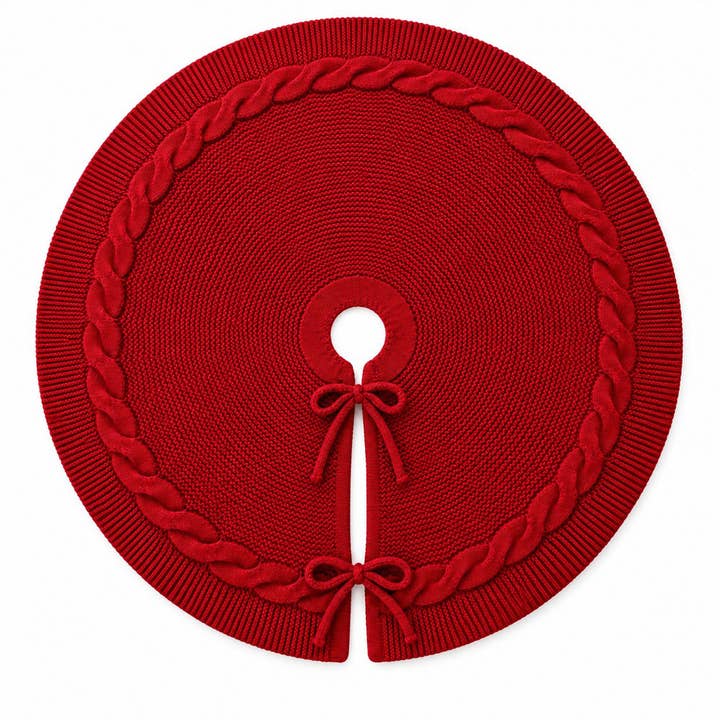Knitted Christmas Tree Skirt — 24 in, Red Cable Knit with Bow Ties