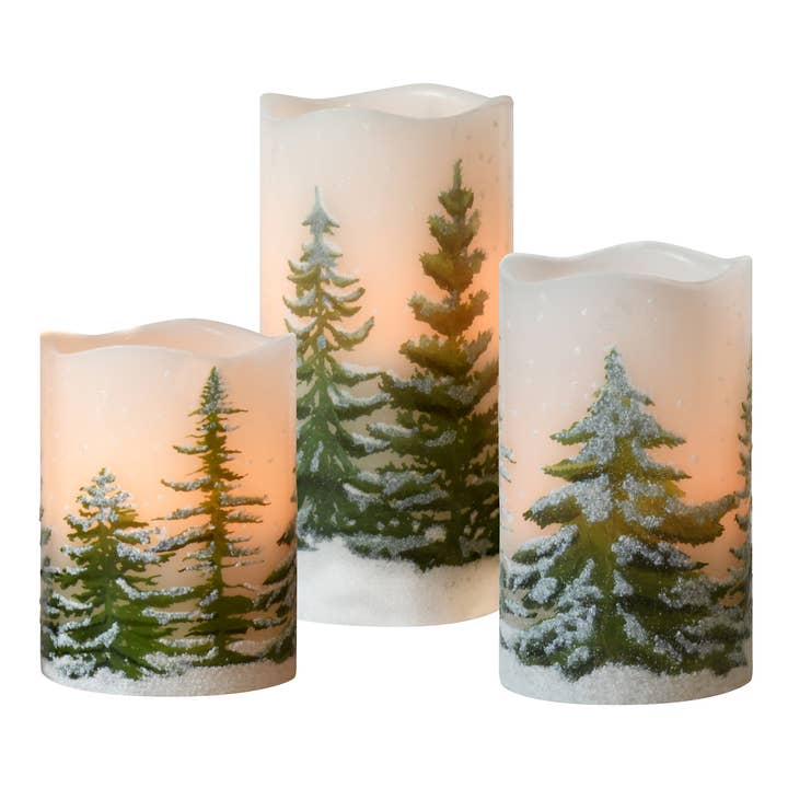 Flameless LED Wax Candles with Snowy Pine Trees — Set of 3