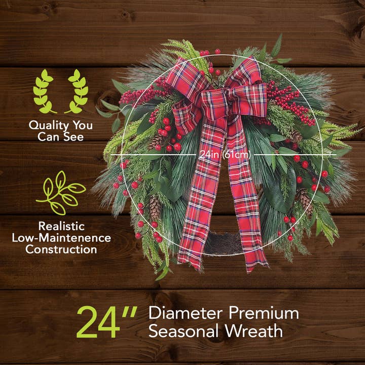 Holly Berry & Bow Christmas Wreath — 24 inch