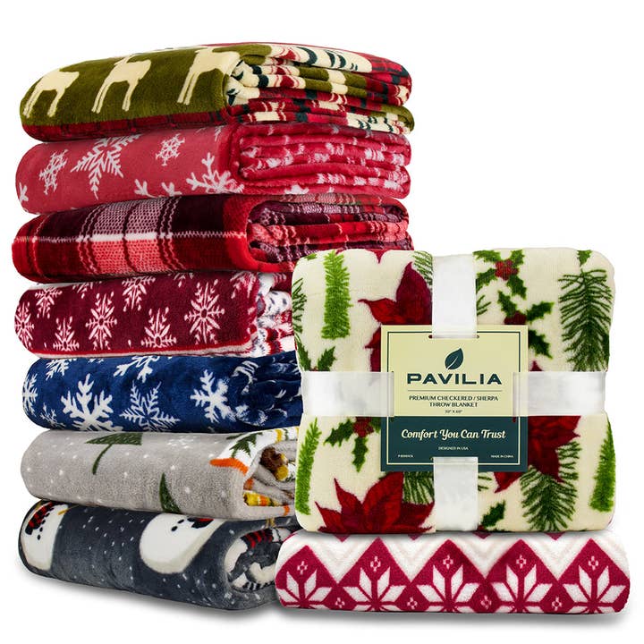 Christmas Throw Blanket — Lodge Reindeer Design, Red & Olive