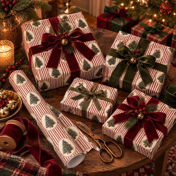Christmas Gift Wrap Sheet — Vintage Tree Medallions, 30 x 36 in