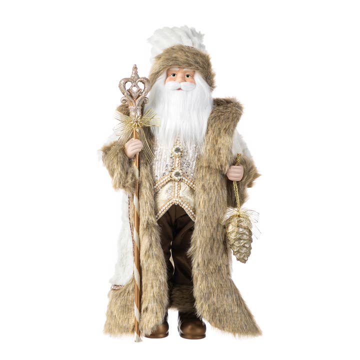 Woodland Santa Figure — 18 in, Faux Fur Coat & Staff