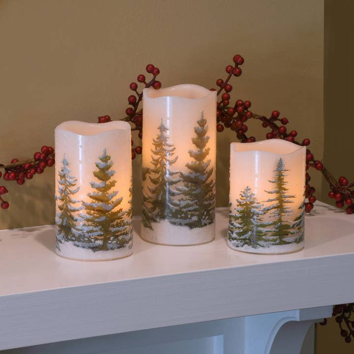 Flameless LED Wax Candles with Snowy Pine Trees — Set of 3
