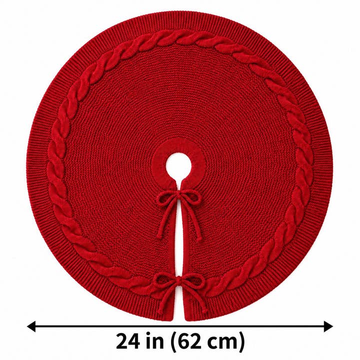 Knitted Christmas Tree Skirt — 24 in, Red Cable Knit with Bow Ties