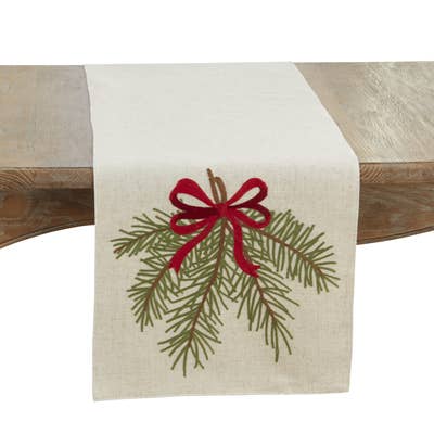 Christmas Table Runner — Pine Branch & Red Bow, Natural Linen Look