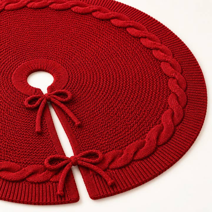 Knitted Christmas Tree Skirt — 24 in, Red Cable Knit with Bow Ties