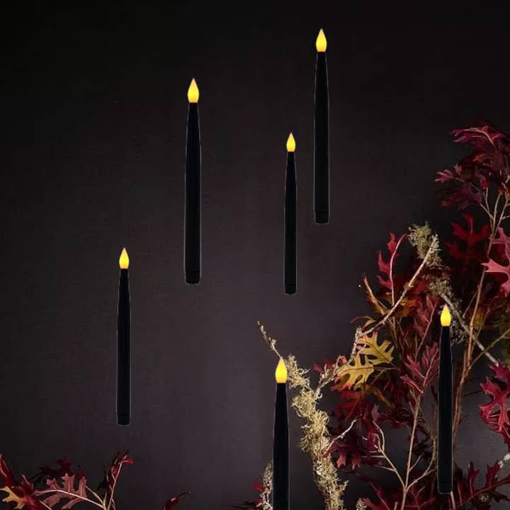 Hanging Black Flameless LED Taper Candles — Set of 6, Halloween