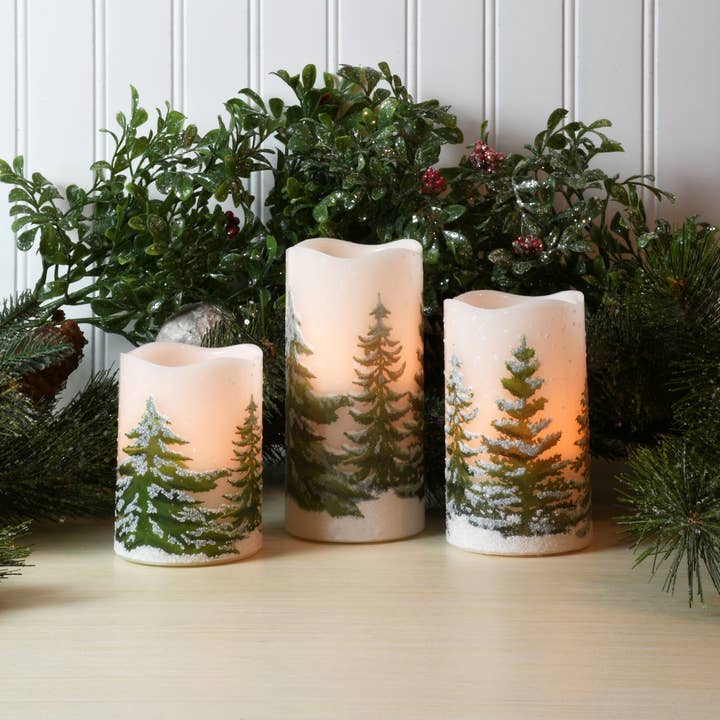 Flameless LED Wax Candles with Snowy Pine Trees — Set of 3