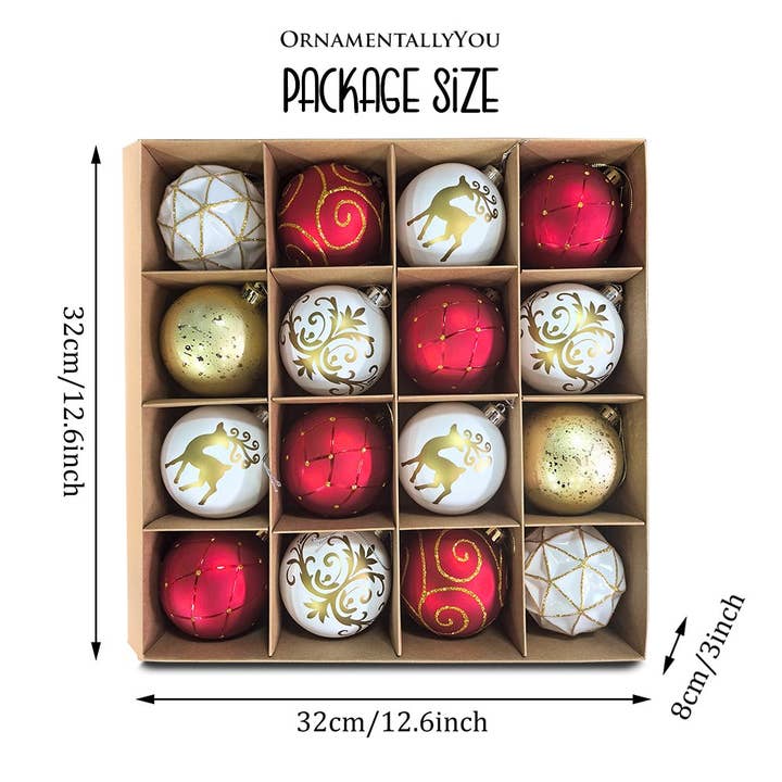 Christmas Ball Ornaments — Set of 16, Red, White & Gold