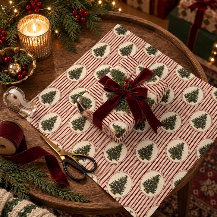 Christmas Gift Wrap Sheet — Vintage Tree Medallions, 30 x 36 in