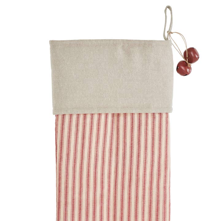 Farmhouse Christmas Stocking — Red Ticking Stripe with Jingle Bells