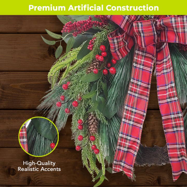 Holly Berry & Bow Christmas Wreath — 24 inch