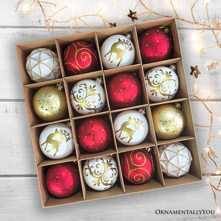 Christmas Ball Ornaments — Set of 16, Red, White & Gold