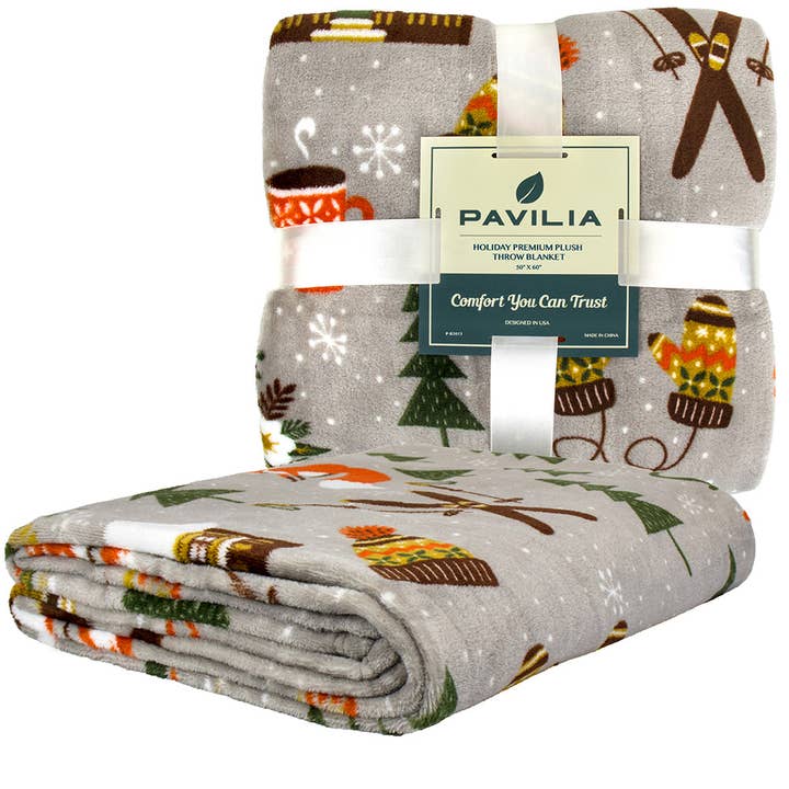 Christmas Throw Blanket — Lodge Reindeer Design, Red & Olive