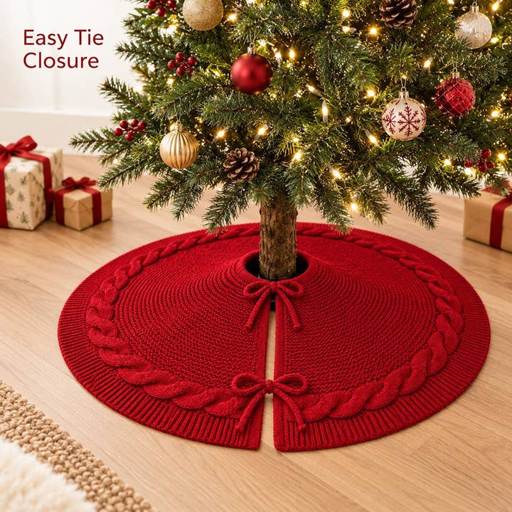 Knitted Christmas Tree Skirt — 24 in, Red Cable Knit with Bow Ties