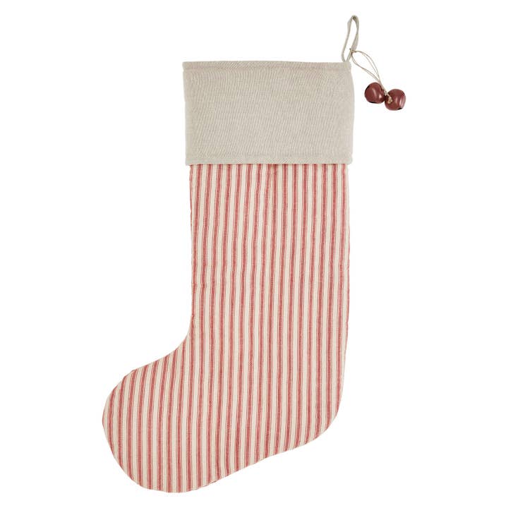Farmhouse Christmas Stocking — Red Ticking Stripe with Jingle Bells