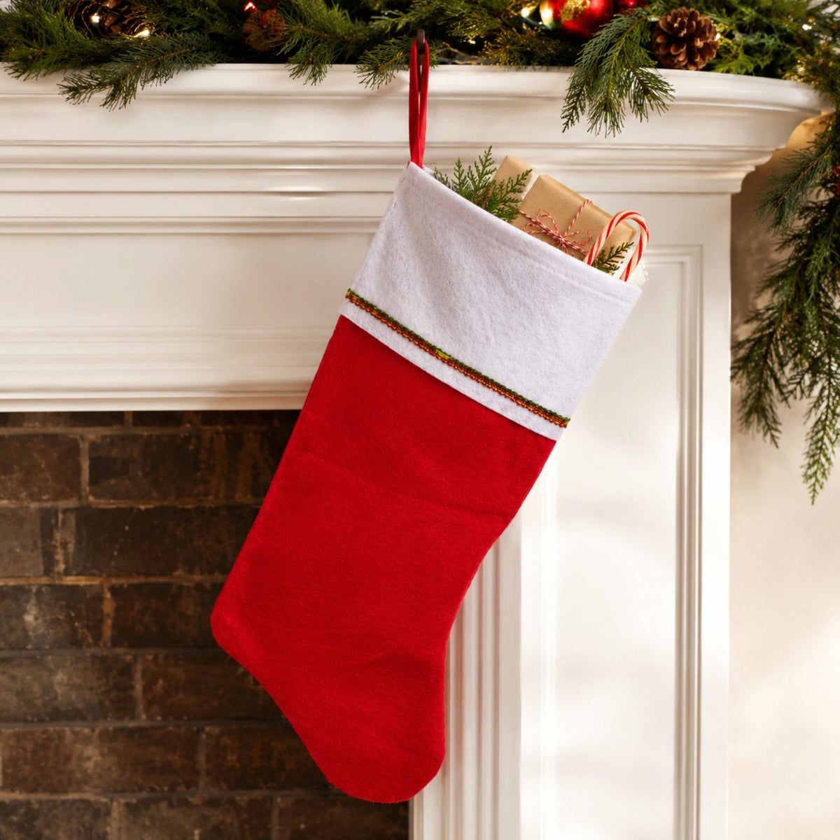 16" Classic Red Felt Christmas Stocking with White Cuff