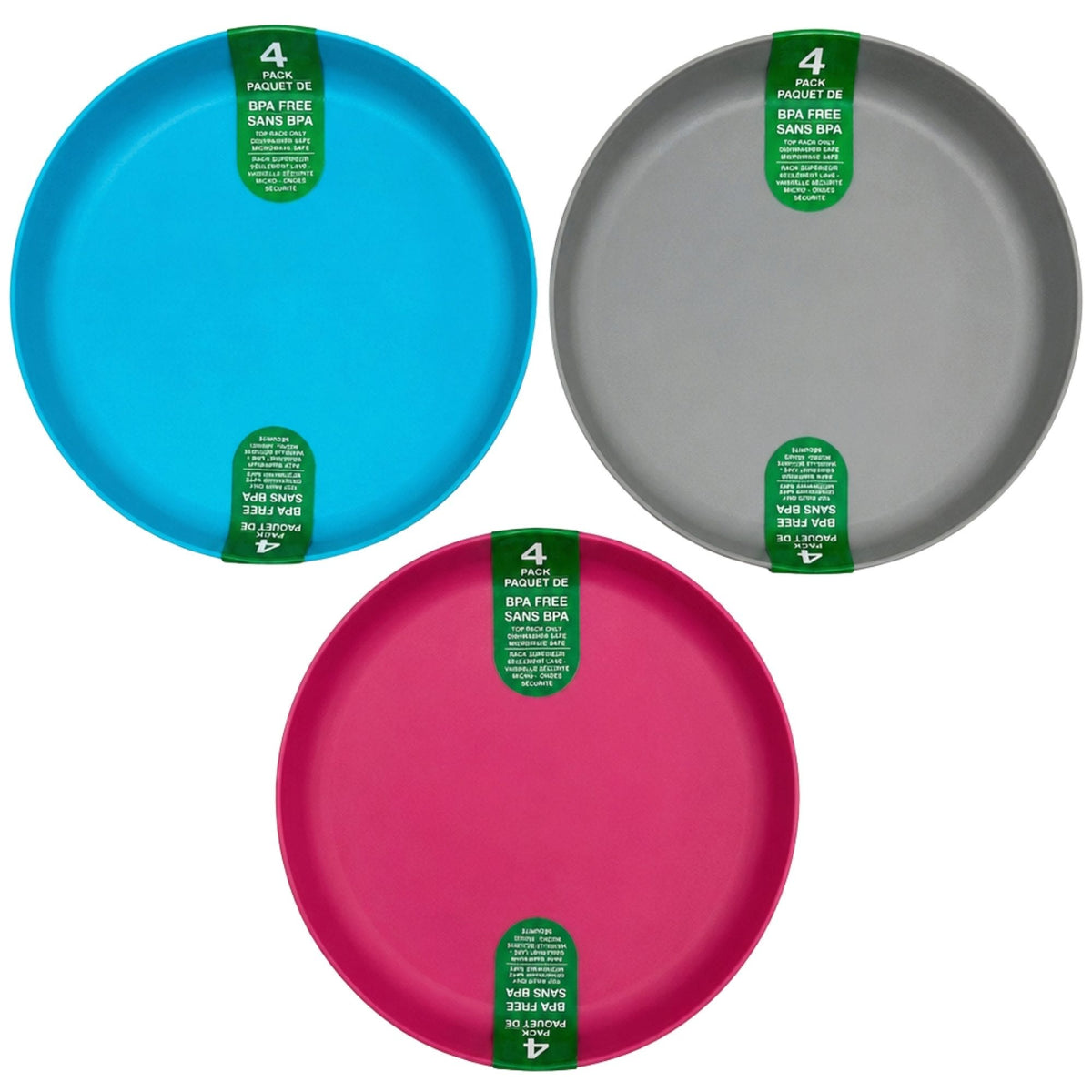 4 Pack BPA Free 7" Round Plates, Assorted Colors