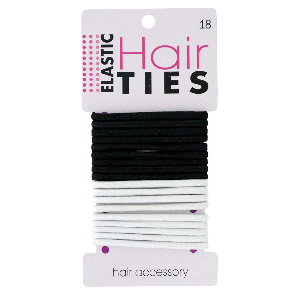 Black & White Elastic Hair Ties — Pack of 18 (9 Black + 9 White)