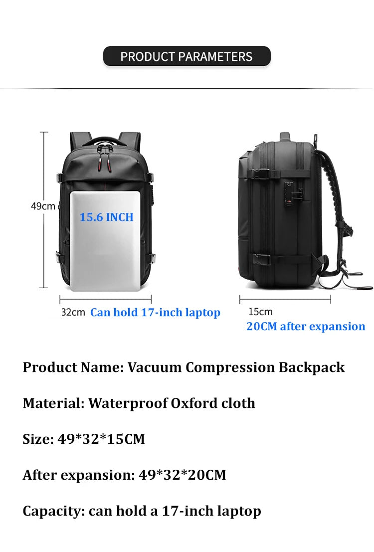 Mochila de viaje de compresión al vacío para hombre, 17 pulgadas, de gran capacidad para negocios, viaje y senderismo.