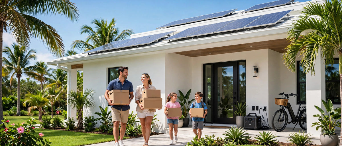 Florida home with rooftop solar panels, family with moving boxes, electric bike and portable power station on a sunny day