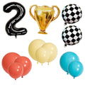 Kit de Guirnalda de Globos Tema Carreras — 110 Globos con Trofeo, Número 2 y Banderas a Cuadros